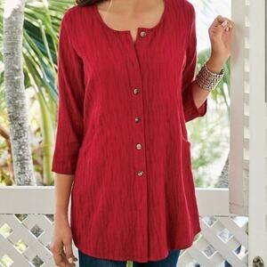 Soft Surroundings Size Petite XS Ellis Button Front Tunic Top Red Cotton Blend